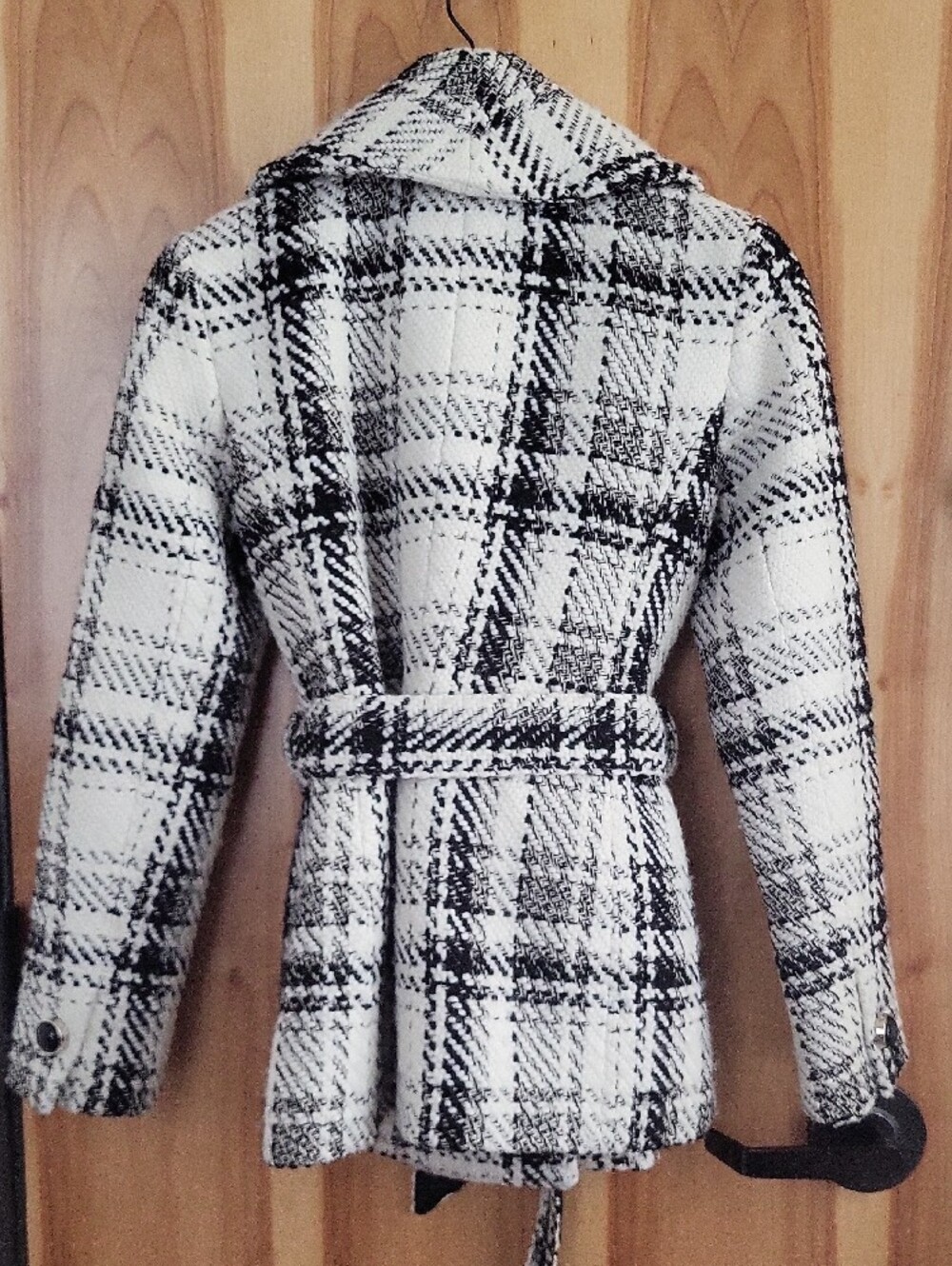 White House Black Market Black & White Plaid Double-Breasted Belted Pea Coat - Picture 4 of 5